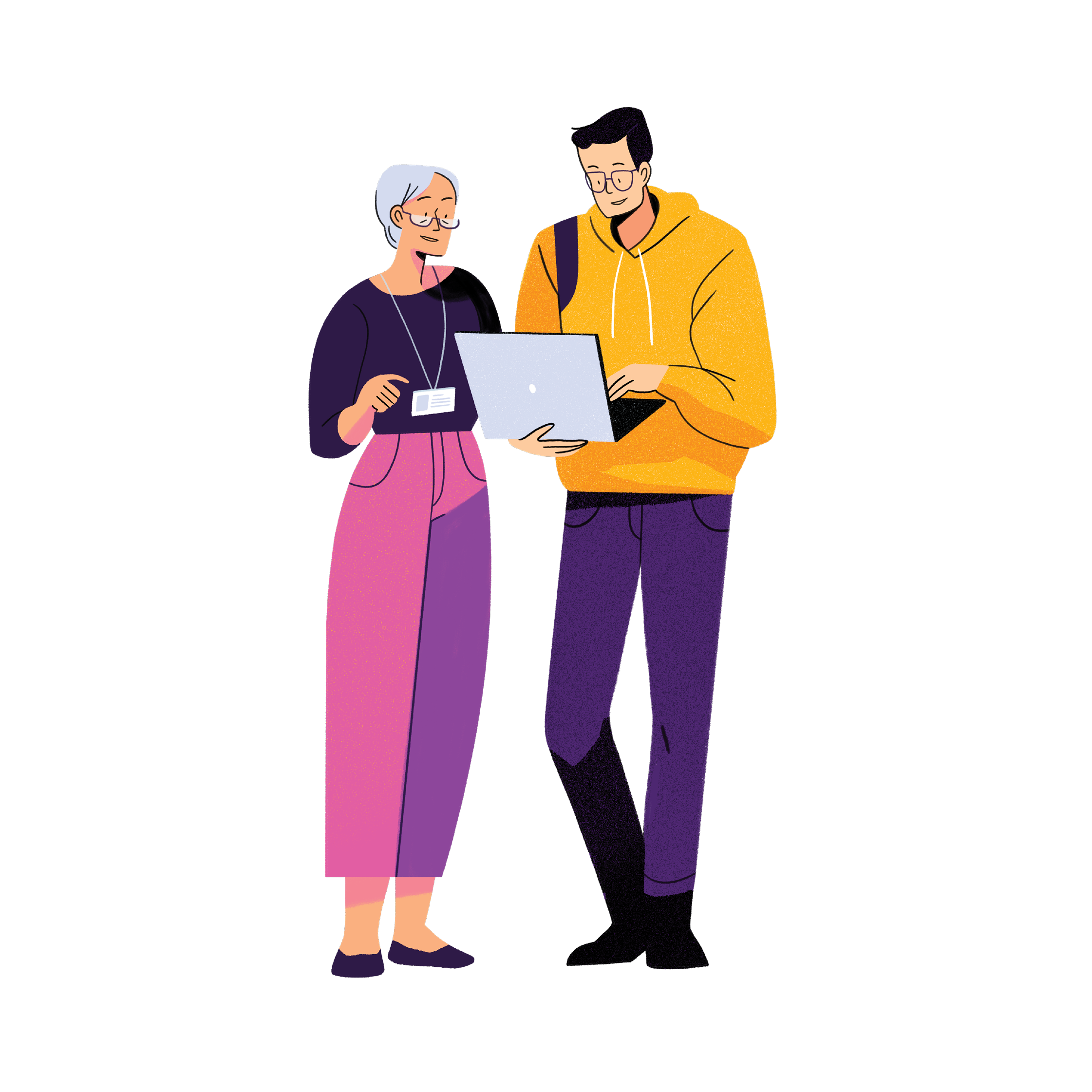 Illustration of two people talking with a computer.