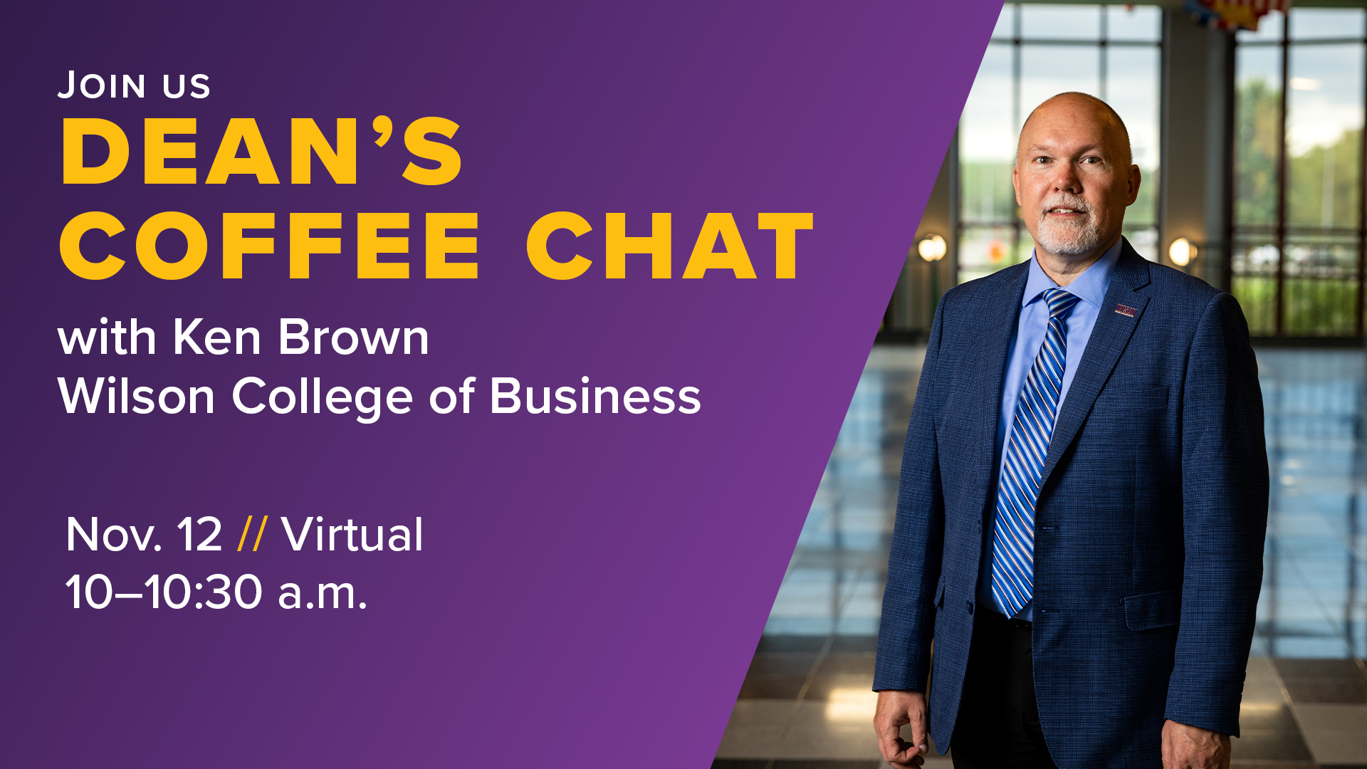 Graphic with photo of WLSN dean Ken Brown and text "Join us: Dean's Coffee Chat"