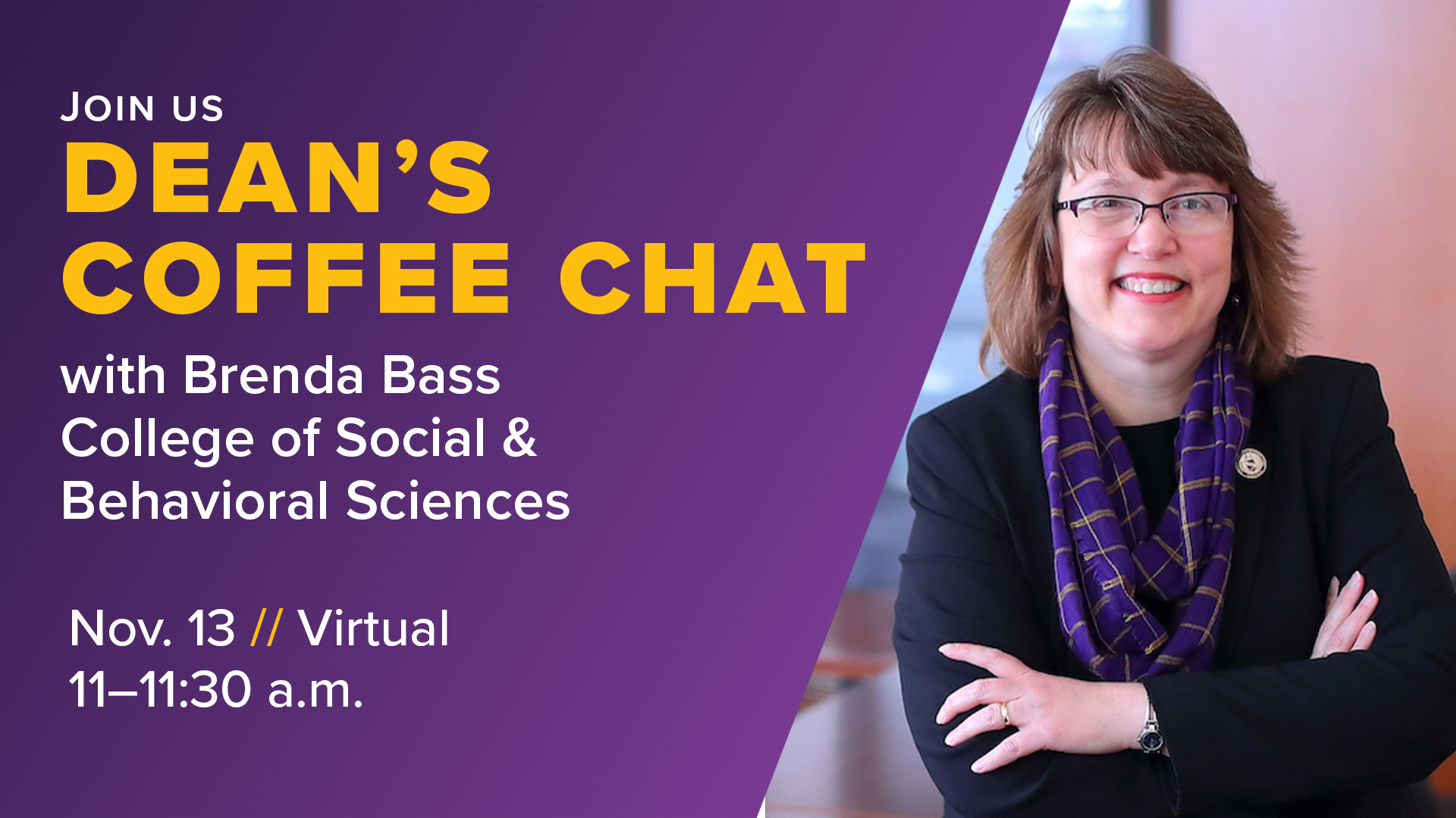 Graphic with photo of CSBS Dean Brenda Bass and text "Join us: Dean's Coffee Chat"