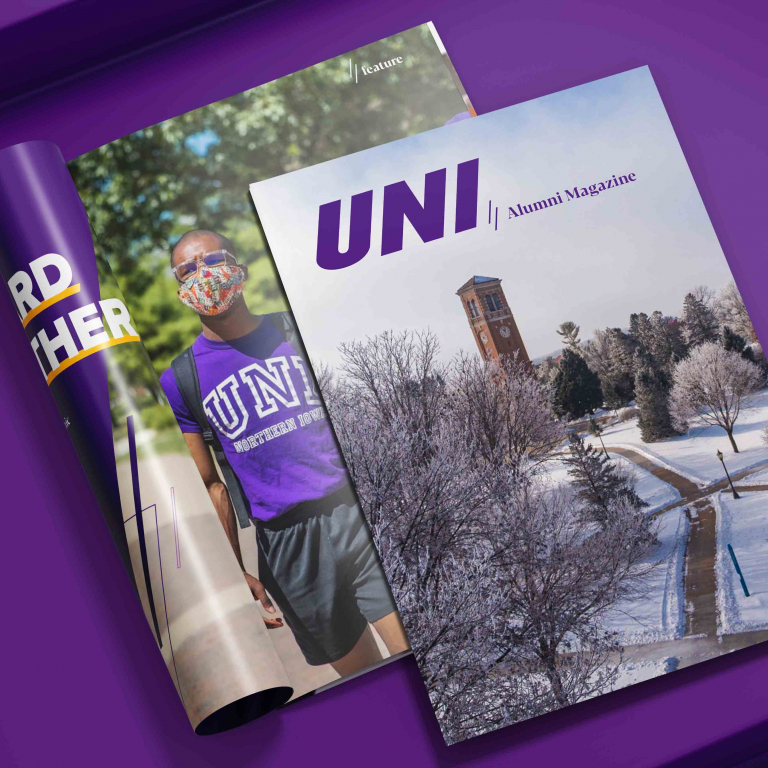 UNI Magazine cover and interior feature of UNI student wearing mask