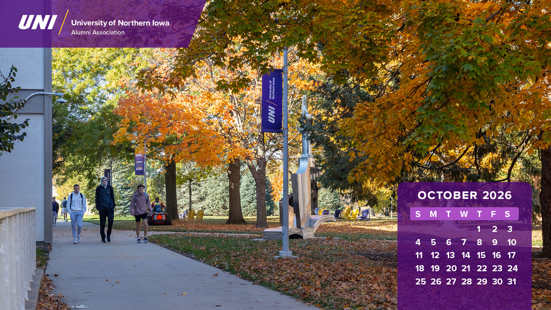 UNI students walking on campus during fall with calendar graphics.