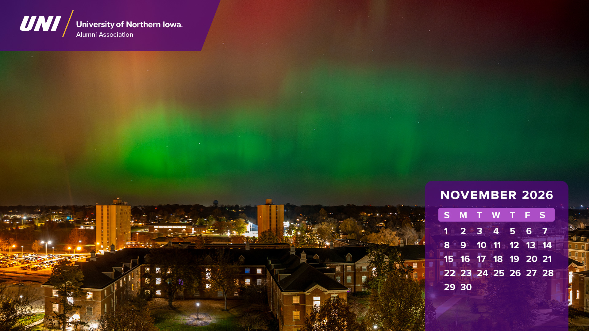 UNI campus with Northern Lights with calendar graphics.