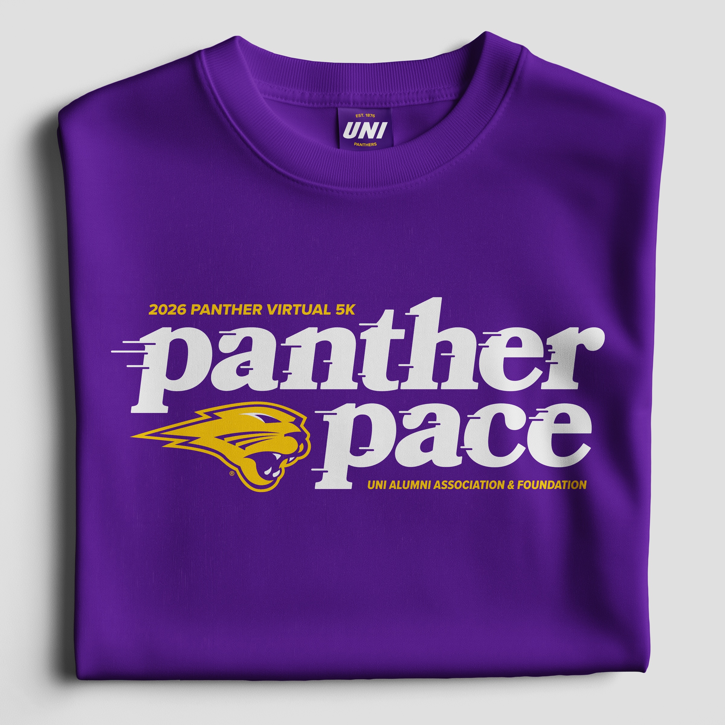 Mockup of the 2026 purple virtual 5k tshirt.