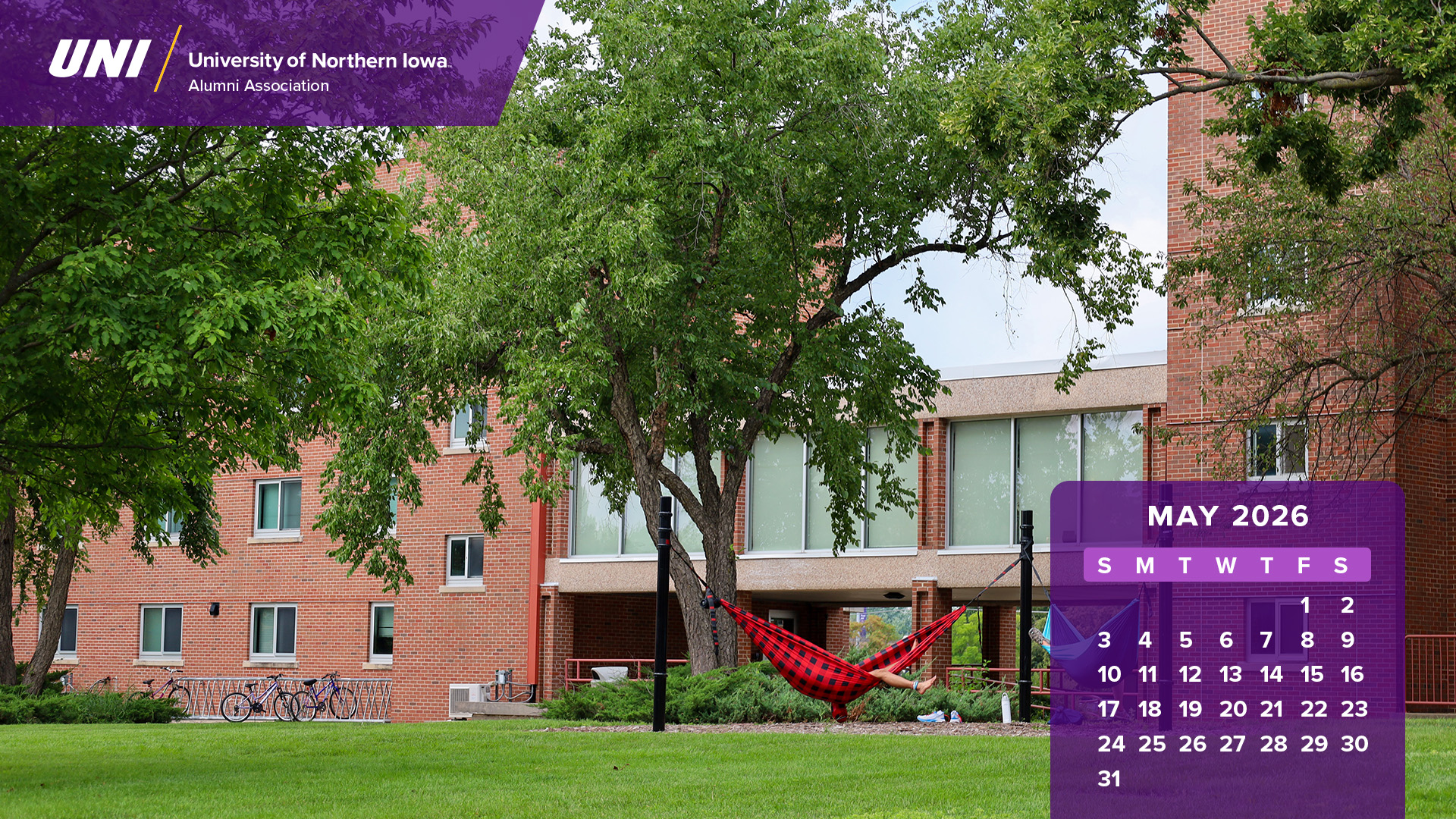 Student in a hammock with calendar graphics.