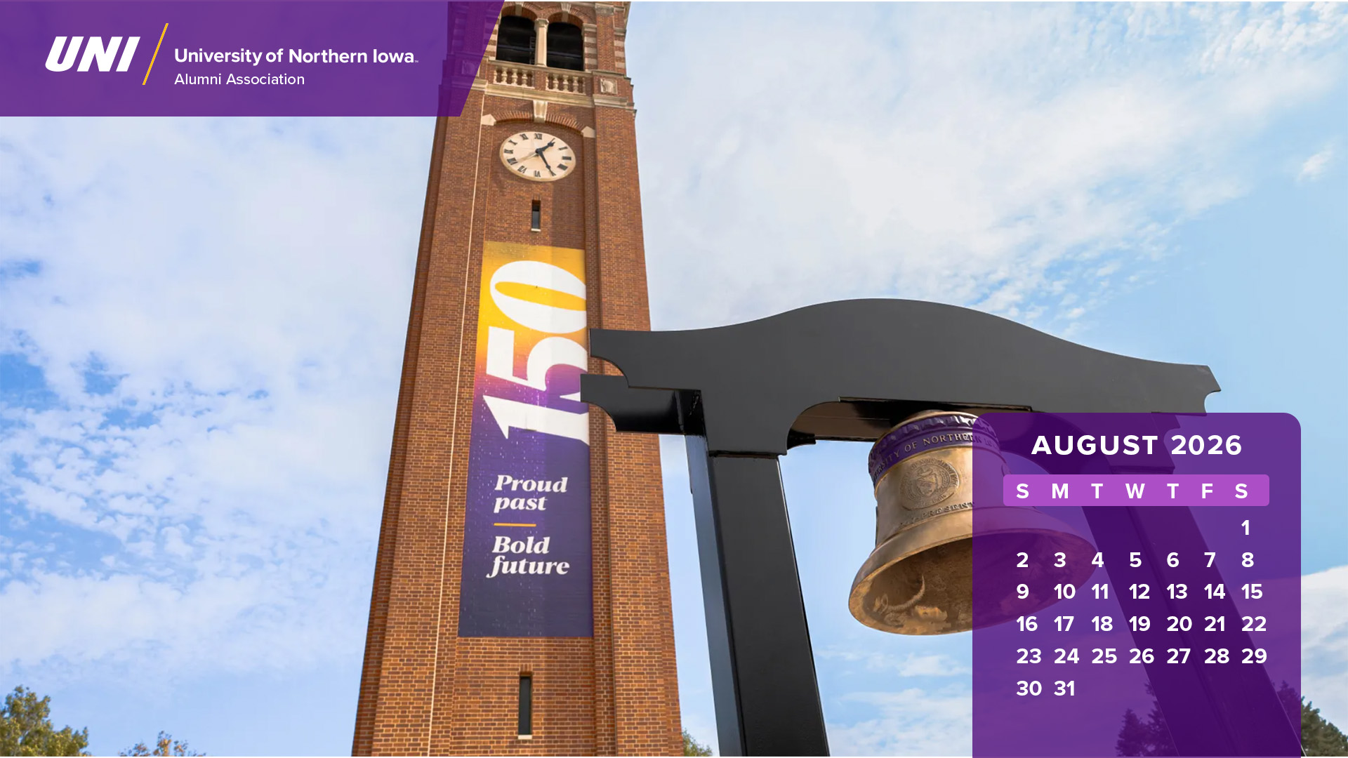 UNI sesquicentennial bell with Campanile in the background with calendar graphics.