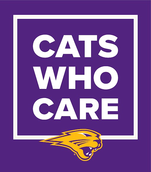 Panther Head logo on purple background with words Cats Who Care highlighted