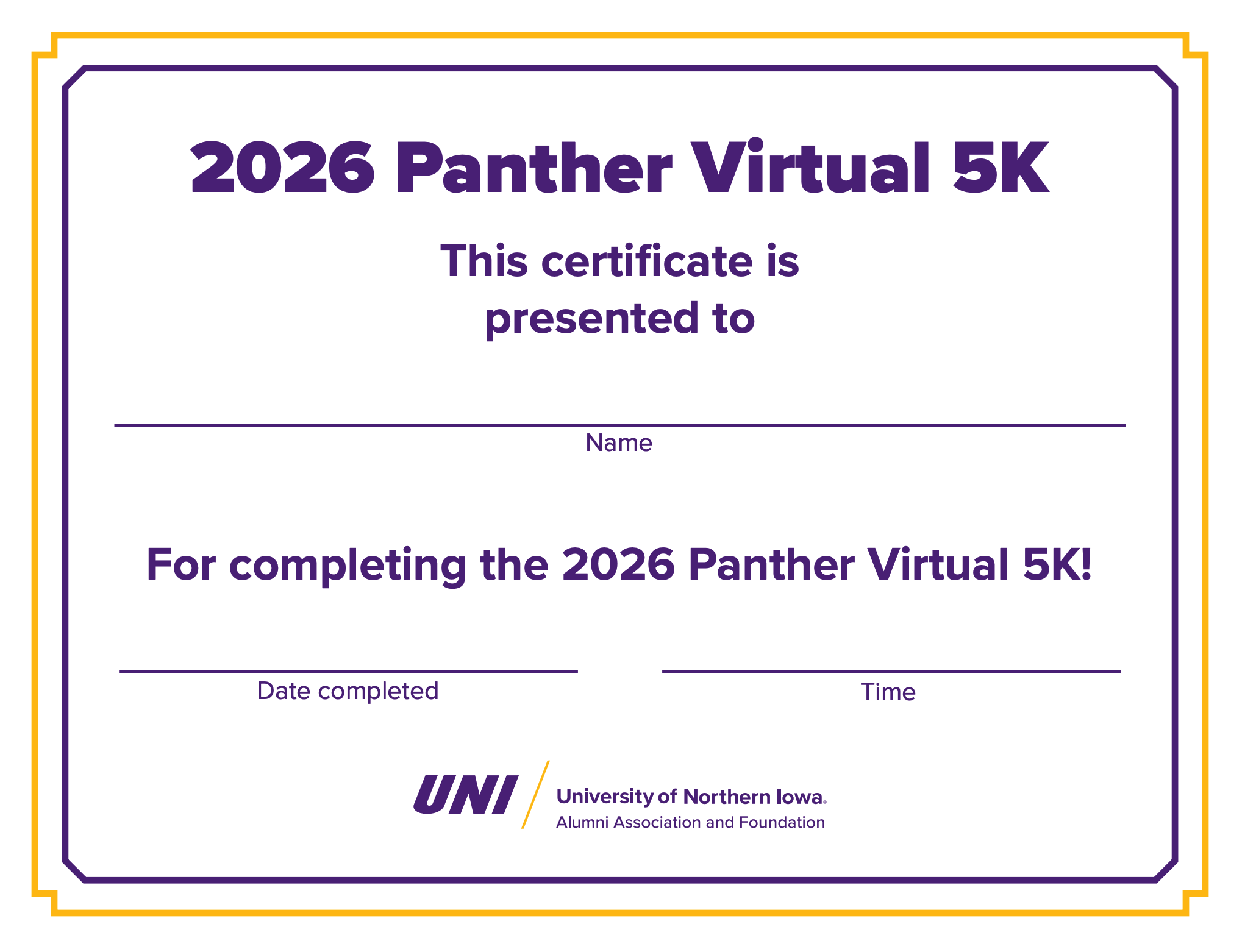 2026 Panther Virtual 5k race certificate.