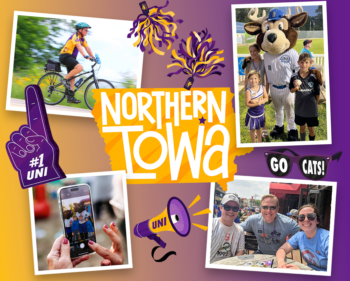 An illustration of the state of Iowa with the words, "Northern Iowa," and UNI swag with snapshots of a UNI alum biking, young Panther fans with the Waterloo Bucks mascot, alumni at a pregame event in Wrigleyville and kids taking a picutre with TC & TK Panther.