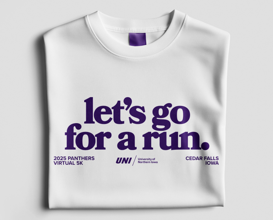 A white t-shirt with the words "Let's go for a run. 2025 Panthers Virtual 5k. University of Northern Iowa, Cedar Falls, Iowa."