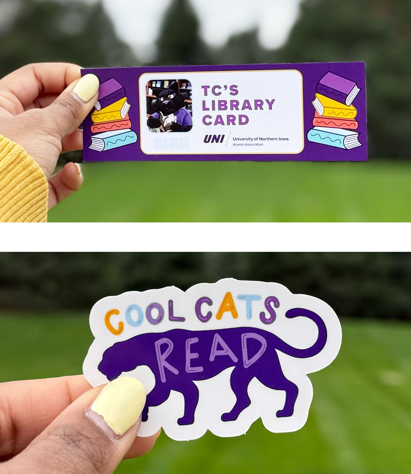 UNI bookmark and UNI bingo card on campus 