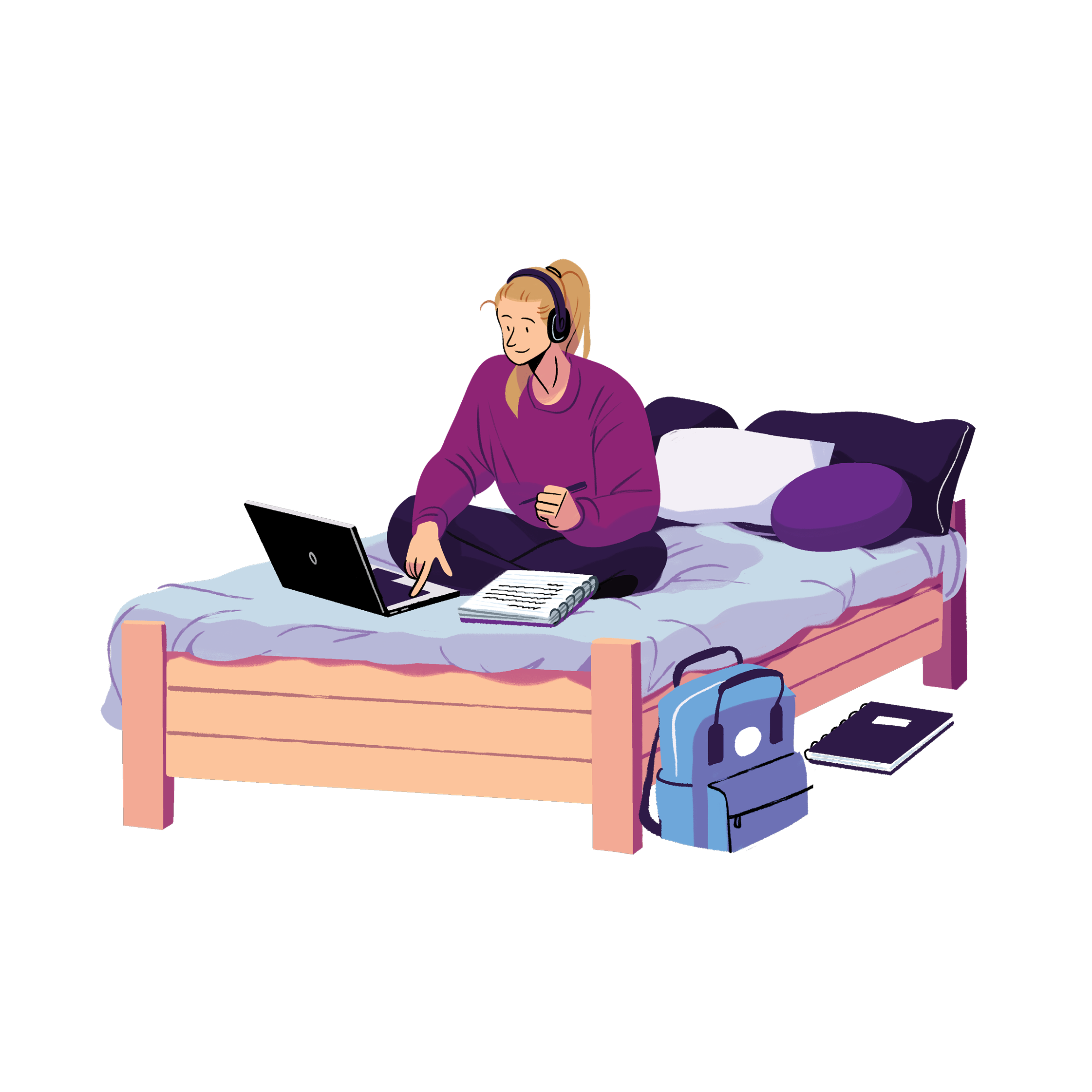 Illustration of a woman with headphones on a bed.