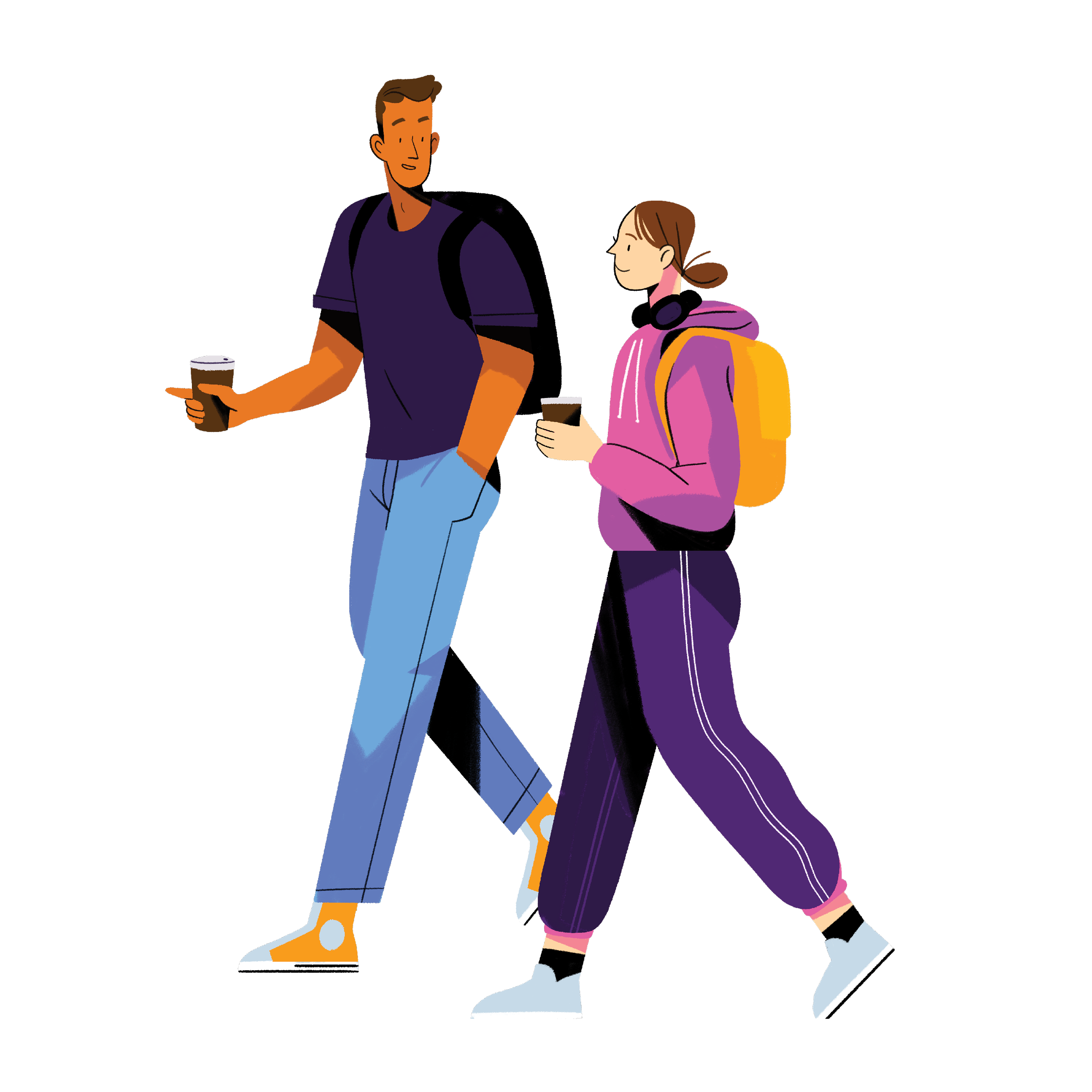 Illustration of two people walking with backpacks.