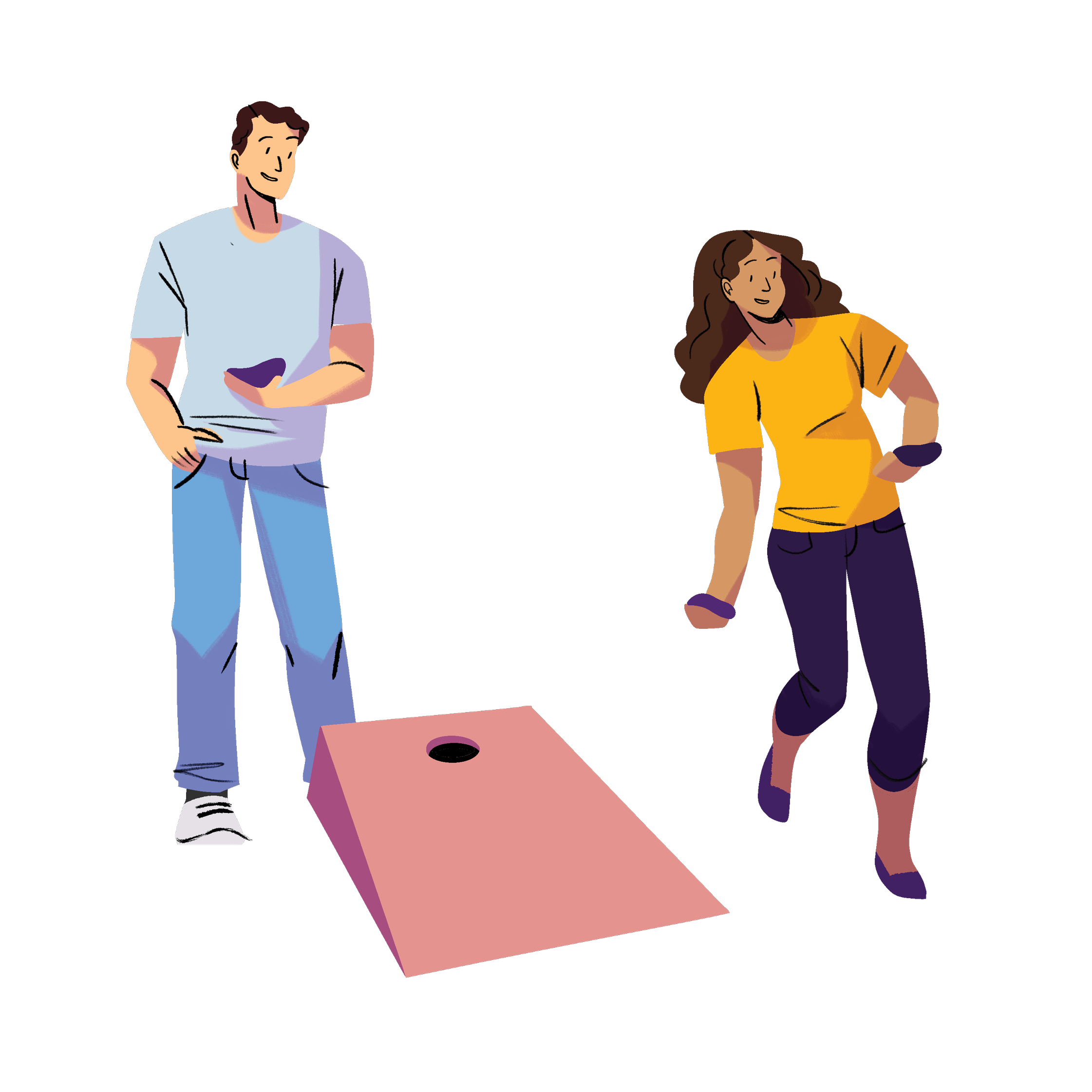 Illustration of two people playing cornhole.