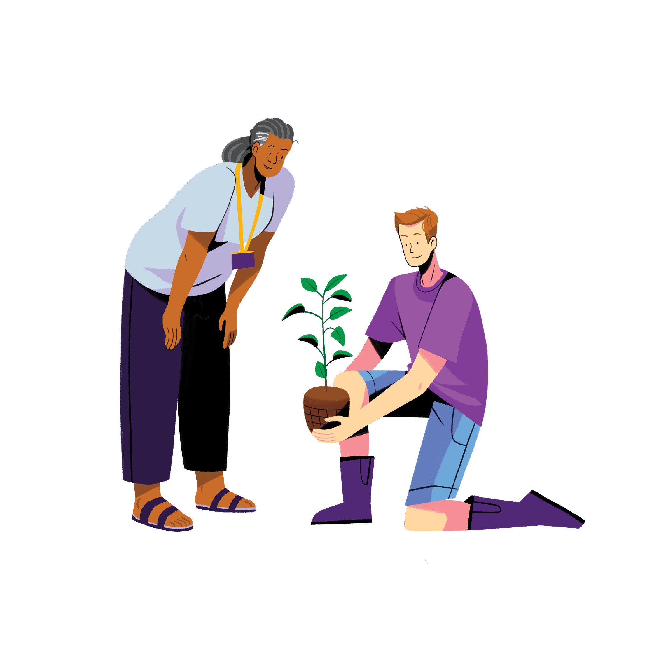 Illustration of two people with a plant.