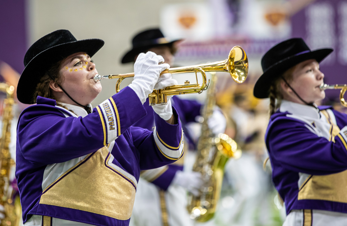 Panther Marching Band trumpet player on the field in the UNI-Dome