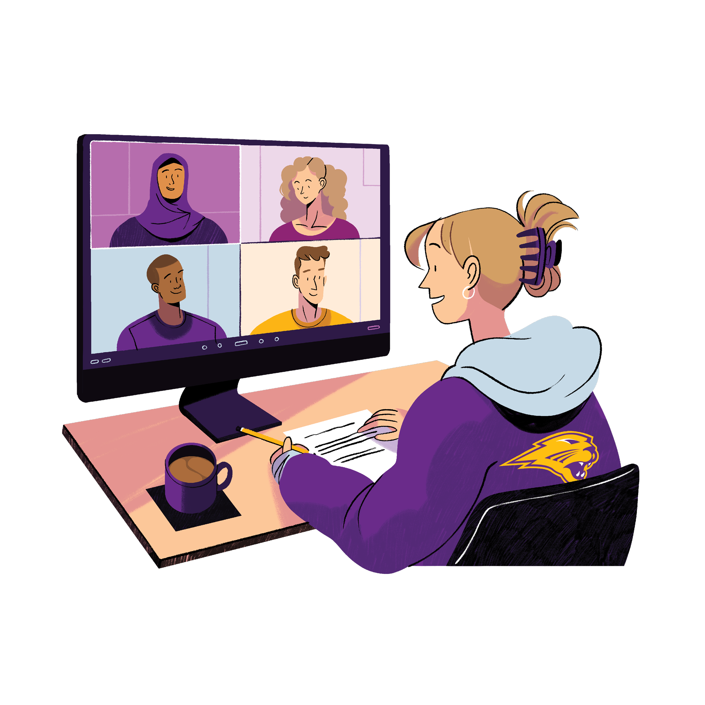 Woman with UNI sweater speaking in an online webinar.