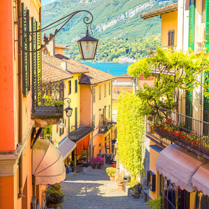 Italy cobblestone street with beautiful view of the water