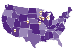 US map with UNI alumni clubs marked