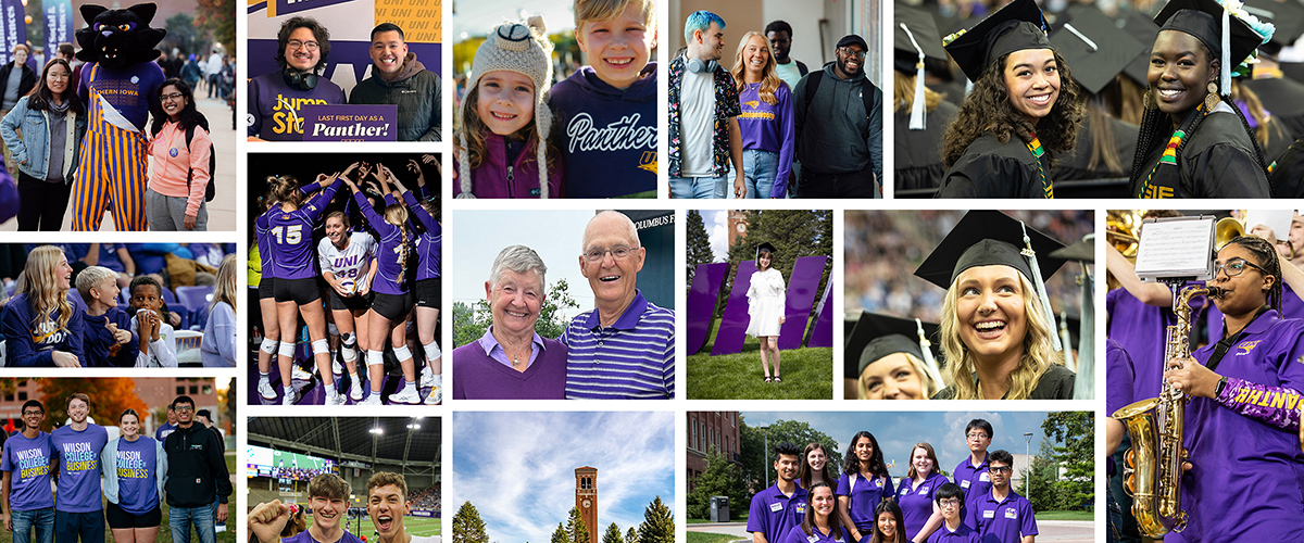 A college of UNI students, faculty, alumni and donors celebrating #LivePurpleGiveGold