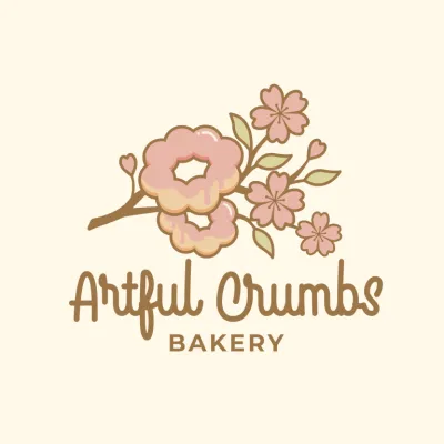 Artful Crumbs Bakery logo with donut-shaped flowers and pink blossoms