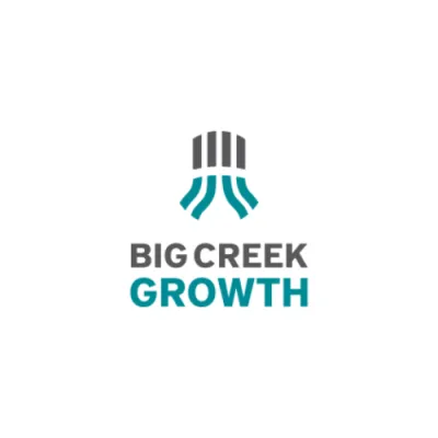 Big Creek Growth logo with gray and teal abstract waterfall design