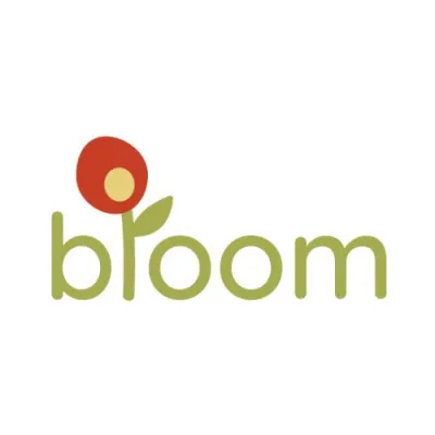 Bloom logo with green text and red flower as the letter 'L'