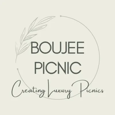 Boujee Picnic logo with minimalist leaf design and text Creating Luxury Picnics