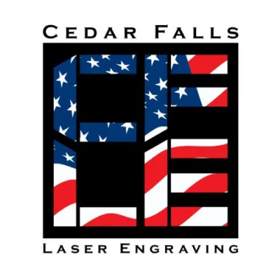 Cedar Falls Laser Engraving logo with American flag pattern inside bold letters
