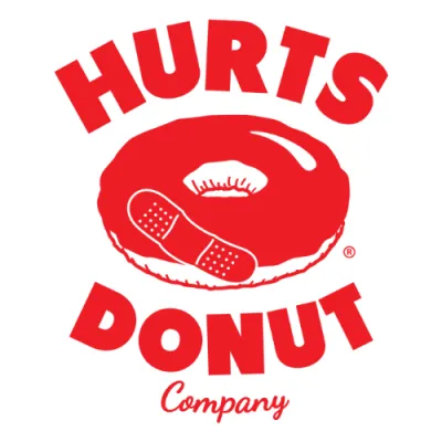 Hurts Donut Company logo with red donut and bandage graphic.