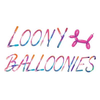 Colorful balloon-style text with a pink balloon dog