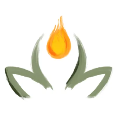 Abstract lotus flower with green petals and an orange flame