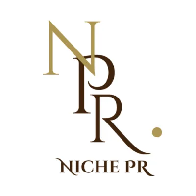 Niche PR logo with overlapping gold and brown letters and a dot
