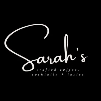 Sarah’s logo with elegant script and tagline for coffee, cocktails, and tastes