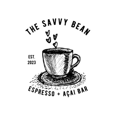 Illustrated coffee cup logo with hearts reading "The Savvy Bean Espresso + Acai Bar, Est. 2023"