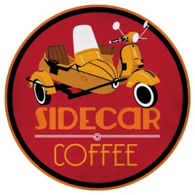 Sidecar Coffee logo with a yellow scooter and sidecar on a red circular background