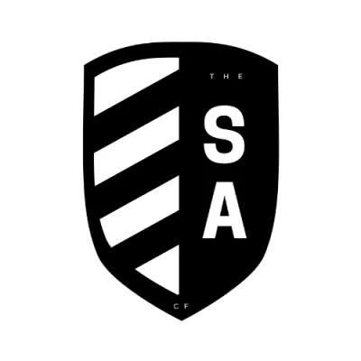 Black shield logo with diagonal stripes and letters SA