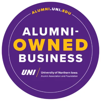 Alumni owned business logo in a purple circle