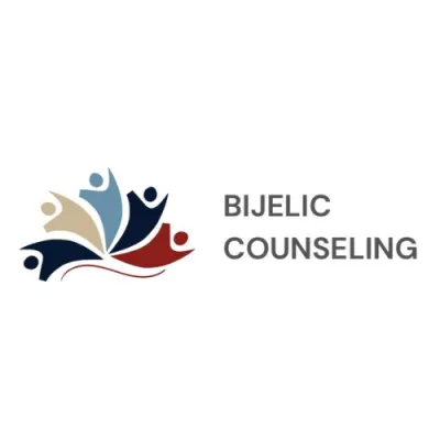 Bijelic Counseling logo with abstract figures in blue, gray, and red forming a fan shape next to the company name