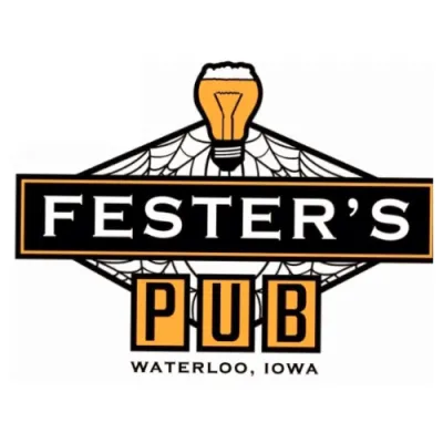 Beer glass lightbulb over spiderweb with text “Fester’s Pub, Waterloo, Iowa"