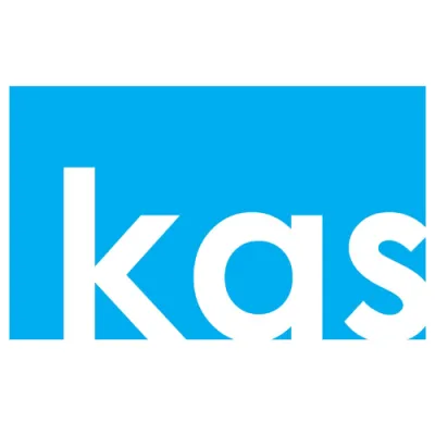 kas logo with white lowercase letters on a bright blue rectangle