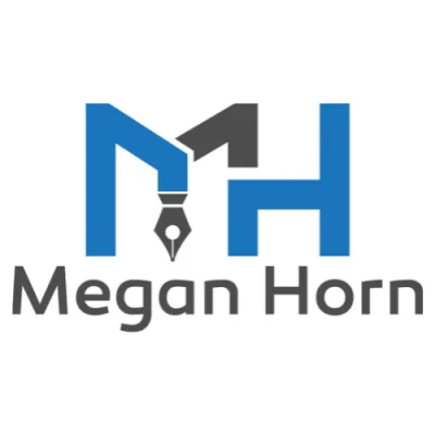 Megan Horn logo with blue MH initials and fountain pen nib design