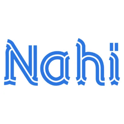 Blue stylized text logo spelling ‘Nahi’ with decorative Gothic-inspired font