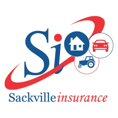 Sackville Insurance logo with red and blue text, stylized ‘Si’ and icons of a house, car, and tractor