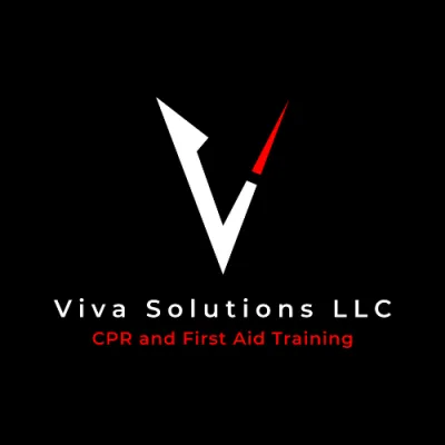 Stylized white “V” with red accent on black background, text reads “Viva Solutions LLC – CPR and First Aid Training"