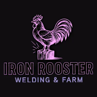 Pink rooster illustration on black background with "Iron Rooster Welding & Farm"