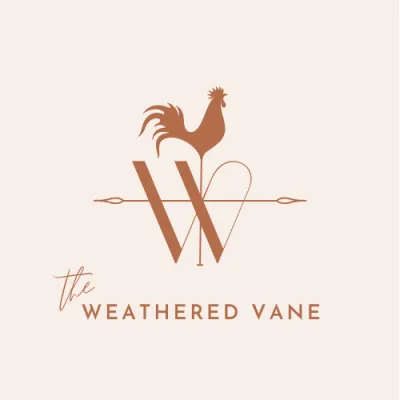 Brown rooster silhouette atop a large stylized “W” with horizontal arrow line; text reads “the WEATHERED VANE”
