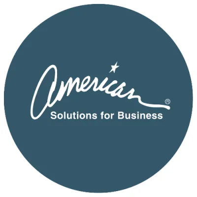 Circular blue logo with the word ‘American’ and the text ‘Solutions for Business.’