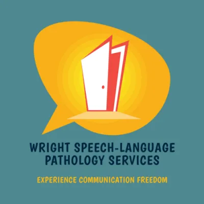 Open door inside an orange speech bubble with the name Wright Speech-Language Pathology Services.