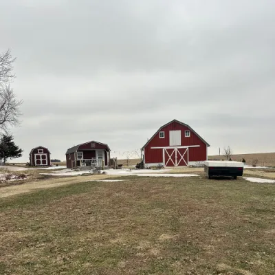 Photo of family farm with red barn and buildings