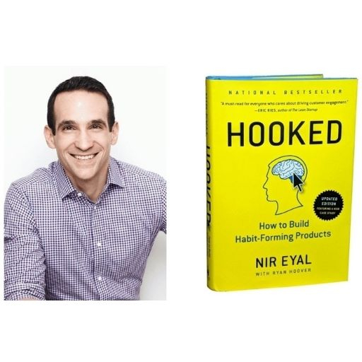 Author Nir Eyal with his book Hooked: How to Build Habit-Forming Products